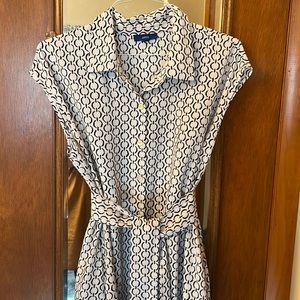 Cap-Sleeve White Button Down Dress with Black and Brown Pattern